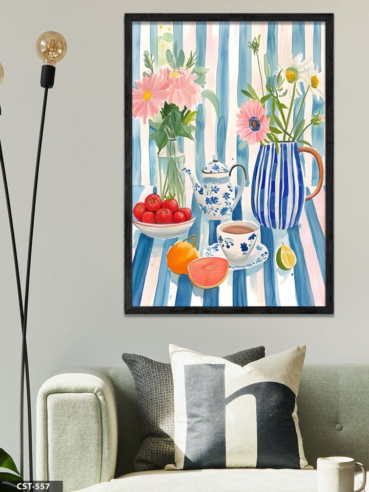 Sulu Boya Görünümlü Natürmort Tek Parça Ahşap Çerçeveli Tablo Siyah - 50 x 70 CM