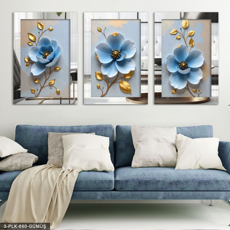 Mavi Gold Yaprak 3 Parça Pleksi Aynalı Tablo 20 x 30 CM - Gümüş