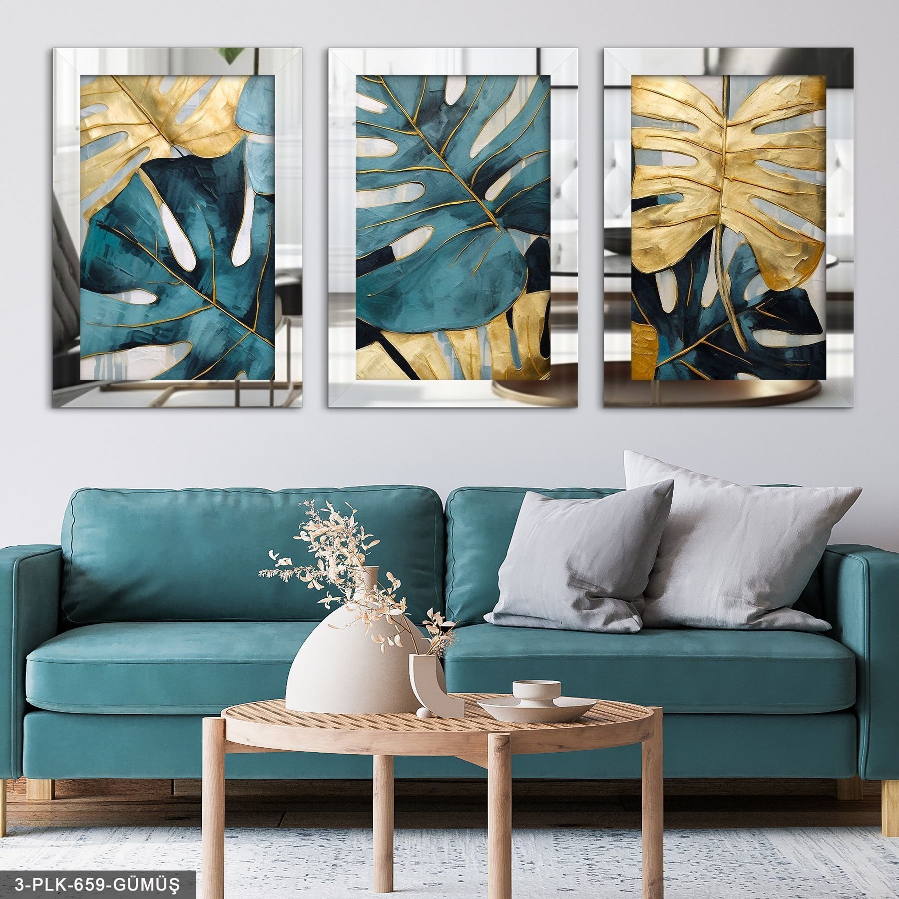 Mavi Gold Yaprak 3 Parça Pleksi Aynalı Tablo 20 x 30 CM - Gümüş