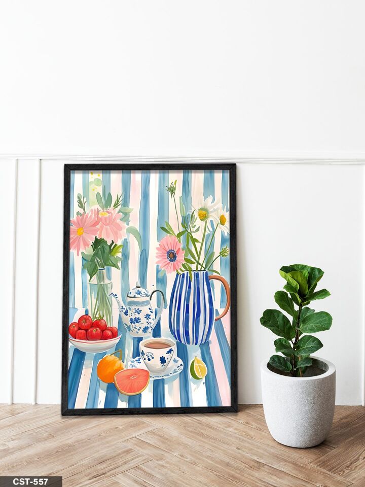 Sulu Boya Görünümlü Natürmort Tek Parça Ahşap Çerçeveli Tablo Siyah - 50 x 70 CM