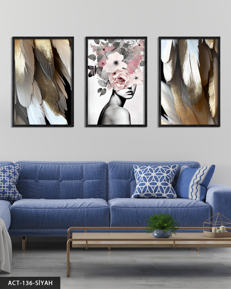 Pembe Çiçekli Portre 3 Parça Ahşap Çerçeveli Tablo ACT Siyah - 50 x 70 CM