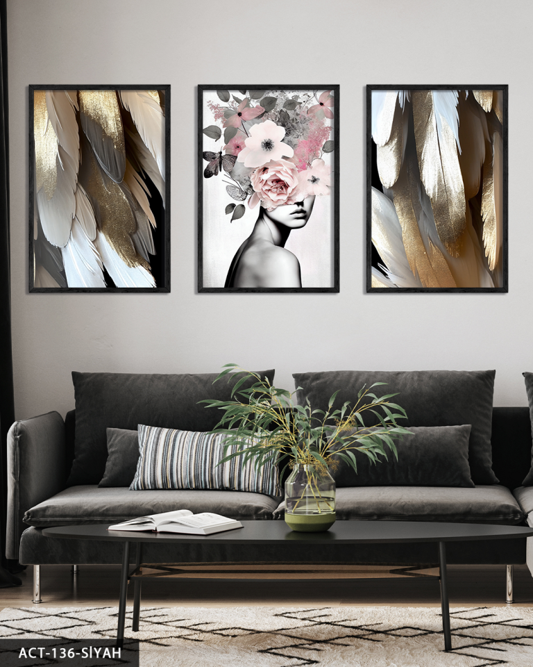 Pembe Çiçekli Portre 3 Parça Ahşap Çerçeveli Tablo ACT Siyah - 50 x 70 CM