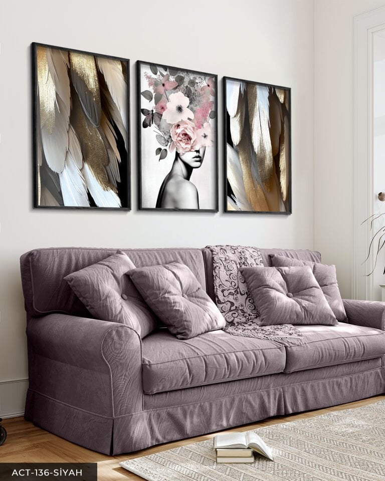 Pembe Çiçekli Portre 3 Parça Ahşap Çerçeveli Tablo ACT Siyah - 50 x 70 CM