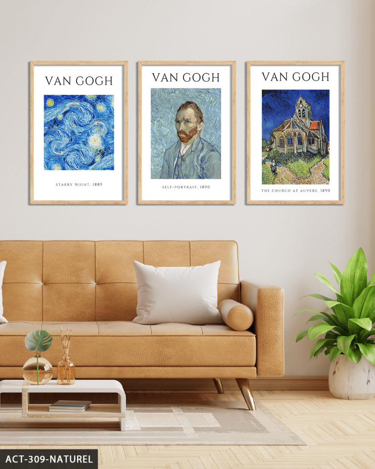 Vincent Van Gogh Temalı 3 Parça Ahşap Çerçeveli Tablo ACT Naturel - 40 x 60 CM