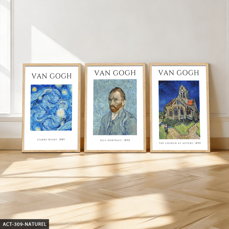 Vincent Van Gogh Temalı 3 Parça Ahşap Çerçeveli Tablo ACT Naturel - 40 x 60 CM