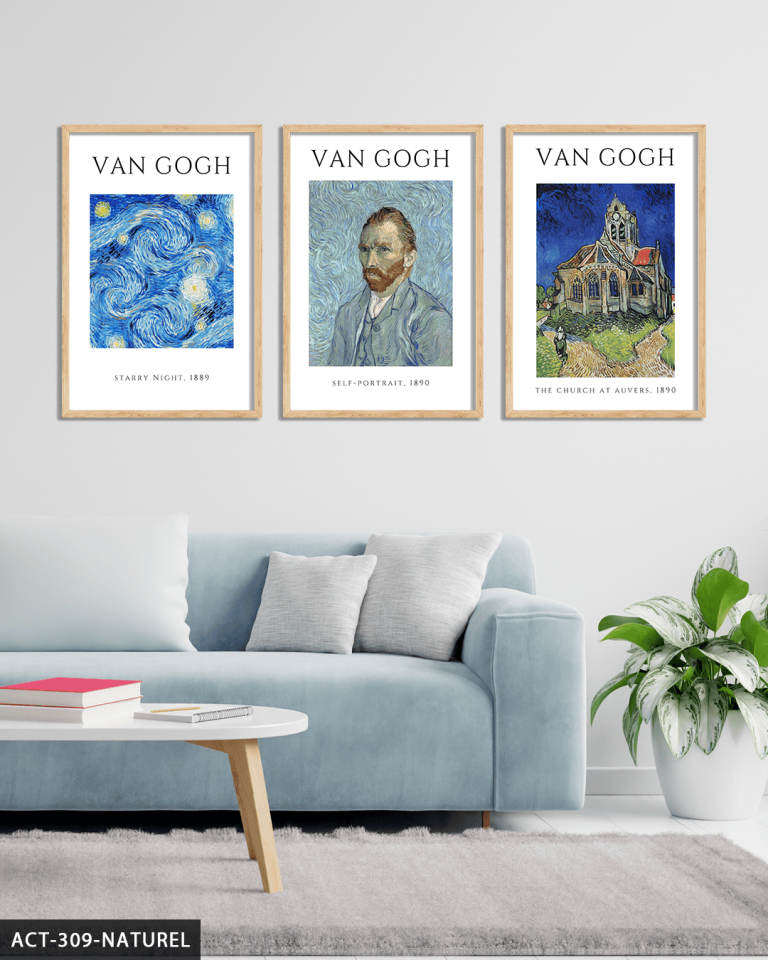 Vincent Van Gogh Temalı 3 Parça Ahşap Çerçeveli Tablo ACT Naturel - 40 x 60 CM