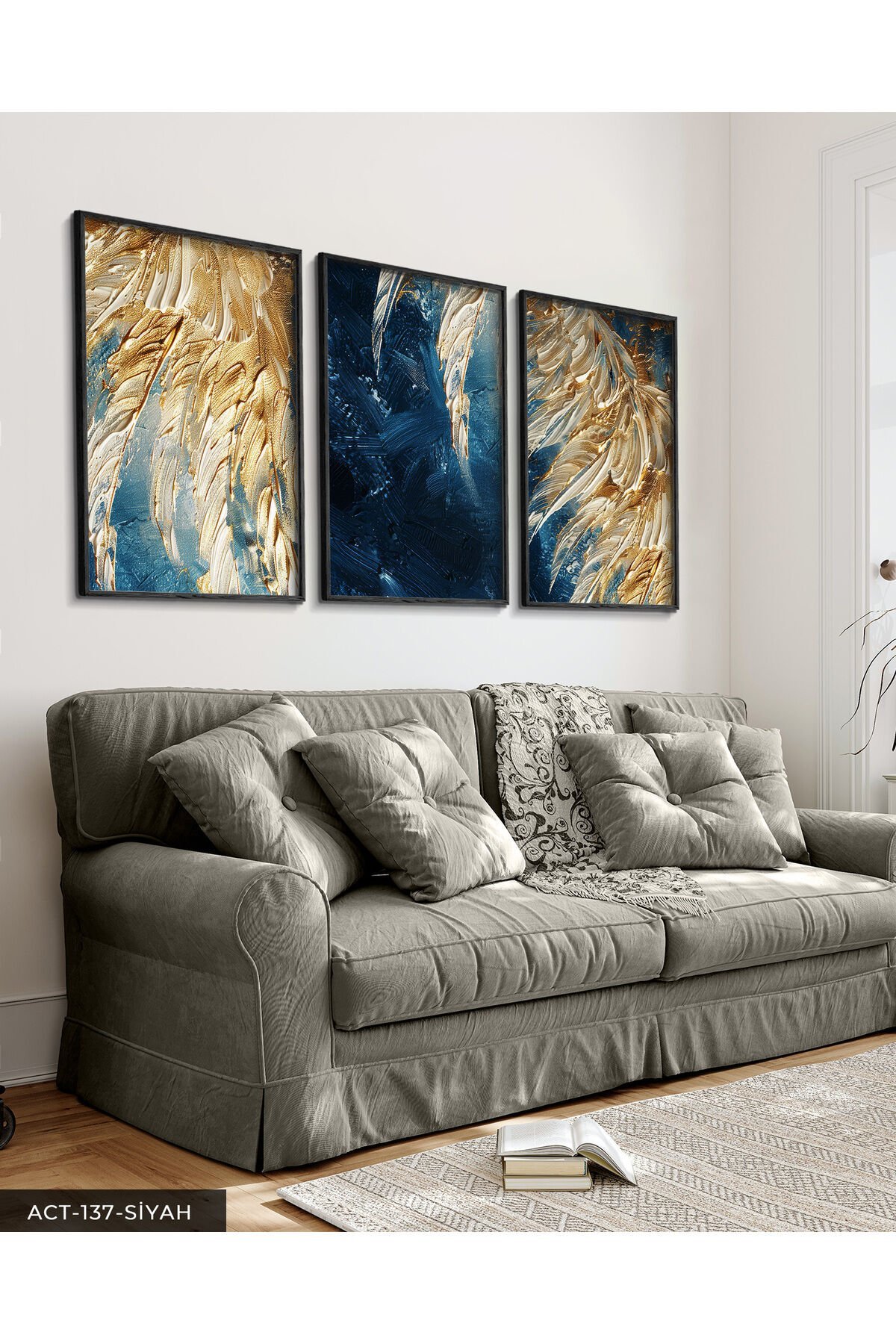 Gold Detaylı Kabartma 3 Parça Ahşap Çerçeveli Tablo ACT Siyah - 50 x 70 CM