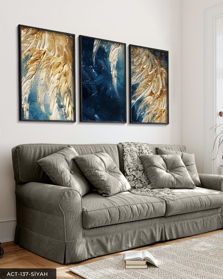 Gold Detaylı Kabartma 3 Parça Ahşap Çerçeveli Tablo ACT Siyah - 50 x 70 CM