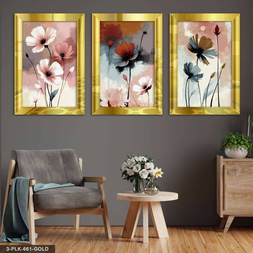 Çizim Çiçek 3 Parça Pleksi Aynalı Tablo 20 x 30 CM - Gold