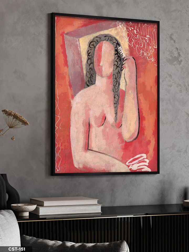 Kırmızı Fonlu Kadın Figür illüstrasyon Tek Parça Ahşap Çerçeveli Tablo Siyah - 40 x 60 CM