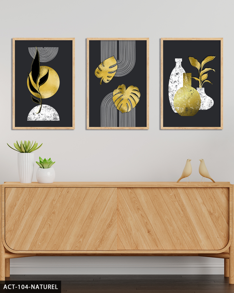 Boho Tarzı Gold Detaylı Yaprak 3 Parça Ahşap Çerçeveli Tablo ACT Naturel - 40 x 60 CM