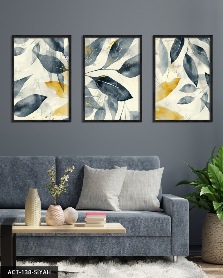 Boho Tarzı Lacivert ve Gold Yapraklar 3 Parça Ahşap Çerçeveli Tablo ACT Siyah - 50 x 70 CM