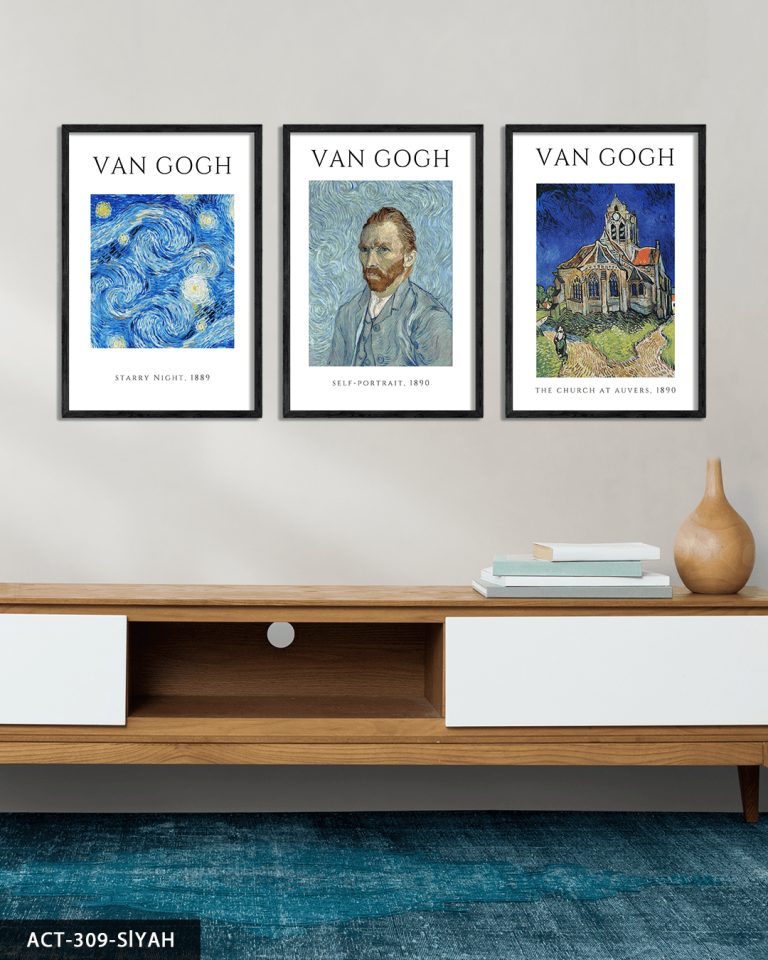 Vincent Van Gogh Temalı 3 Parça Ahşap Çerçeveli Tablo ACT Siyah - 30 x 40 CM