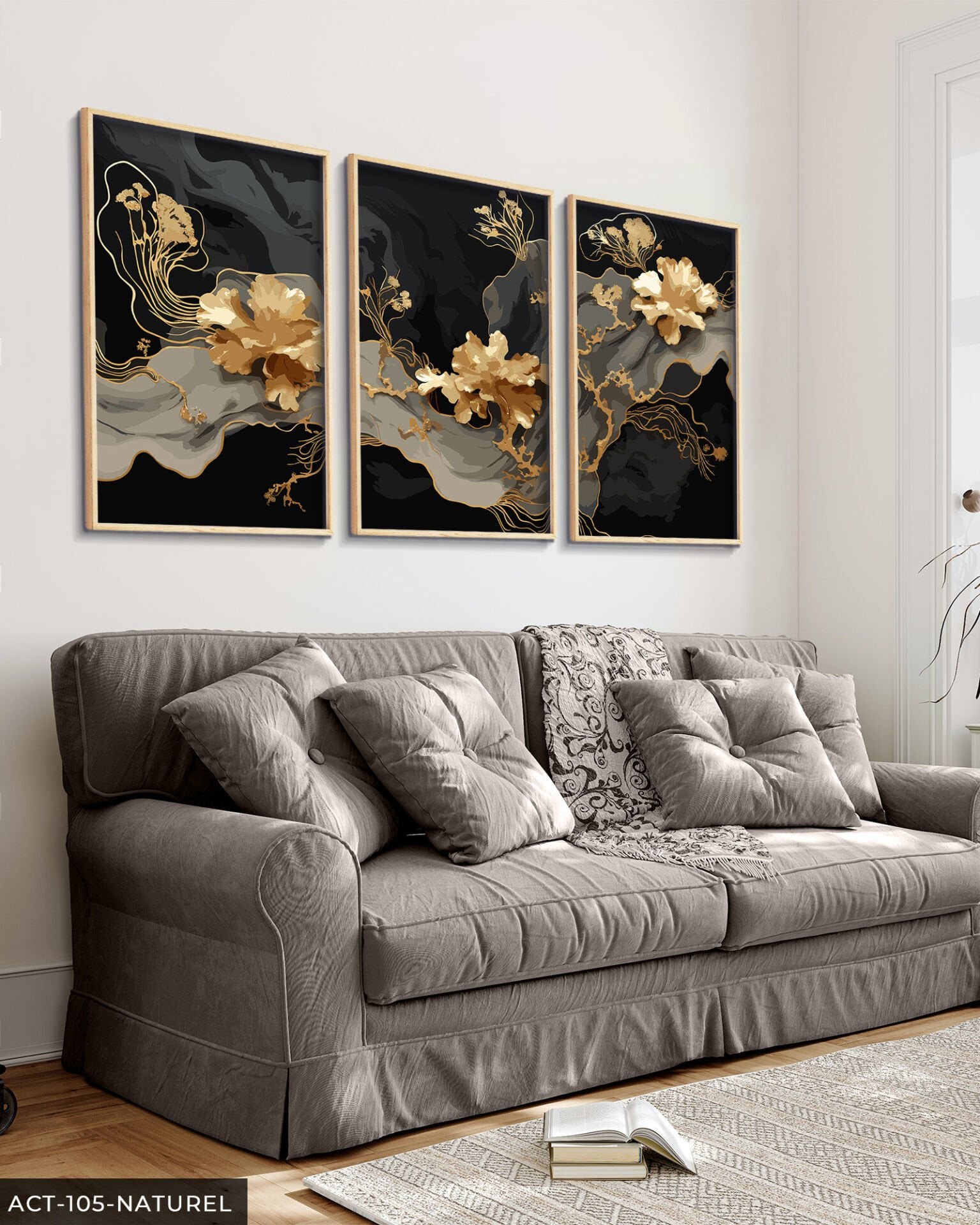 Boho Tarzı Gold Çiçek 3 Parça Ahşap Çerçeveli Tablo ACT Naturel - 40 x 60 CM