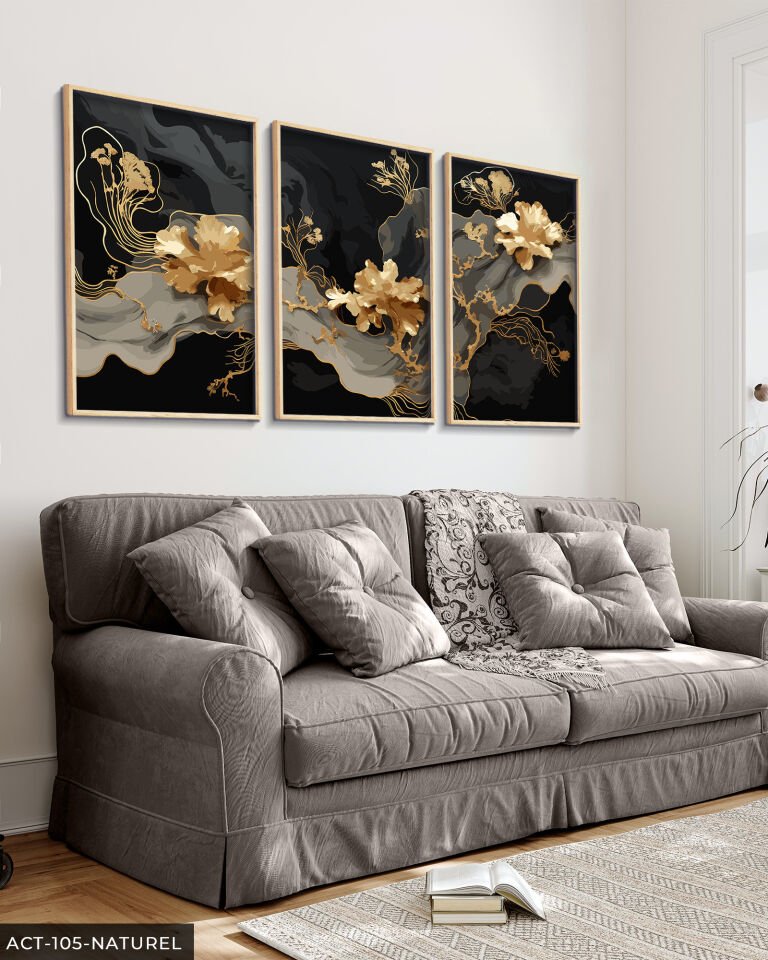 Boho Tarzı Gold Çiçek 3 Parça Ahşap Çerçeveli Tablo ACT Naturel - 40 x 60 CM