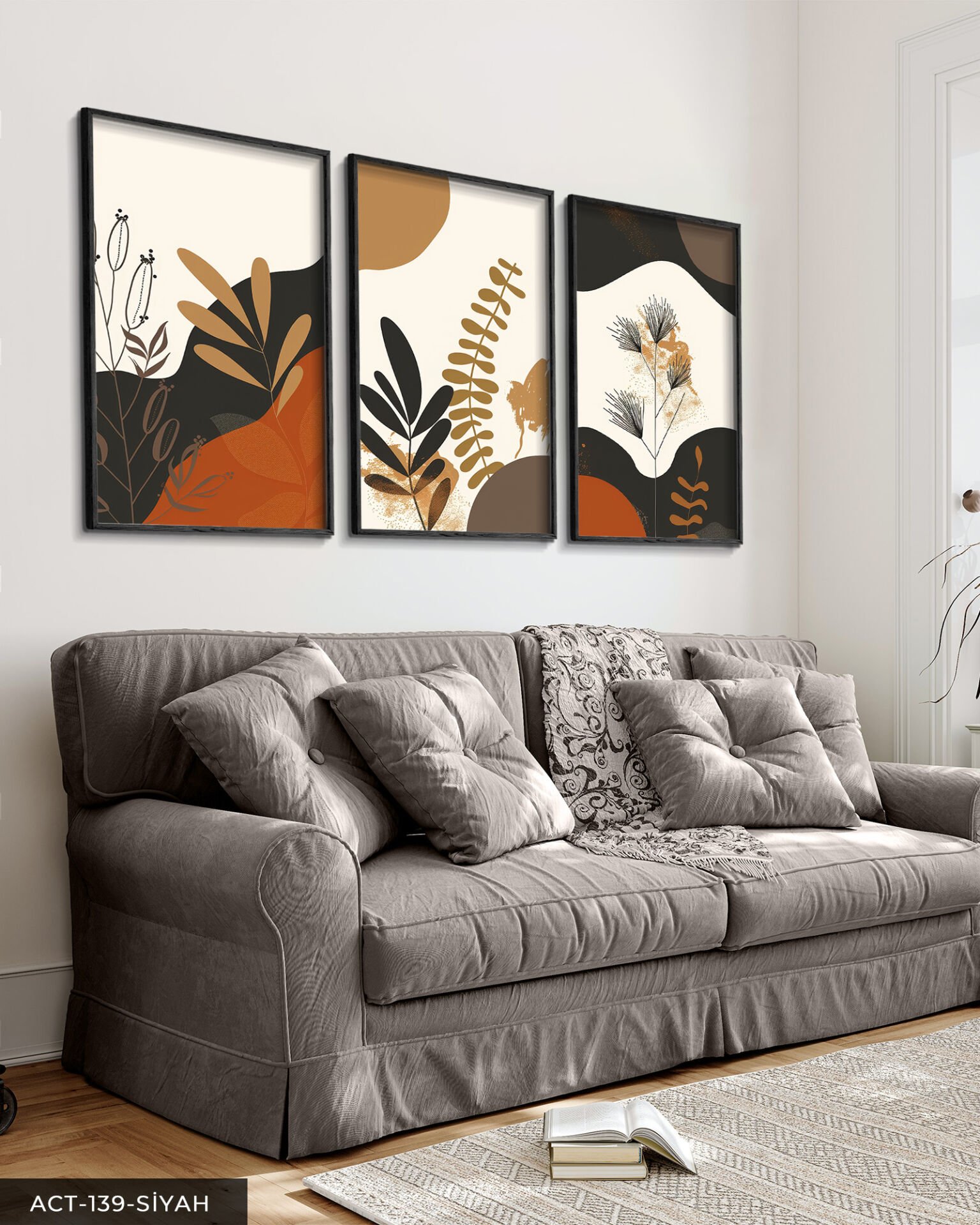 Botanik Sanat 3 Parça Ahşap Çerçeveli Tablo ACT Siyah - 50 x 70 CM