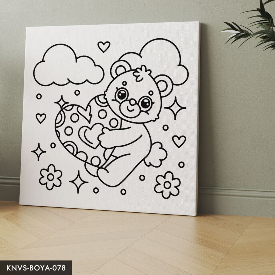 Kalbe Sarılan Mutlu Ayı Çocuklara Özel 20x20 CM Kanvas Tuval Boyama Seti Fırça Boya Dahildir