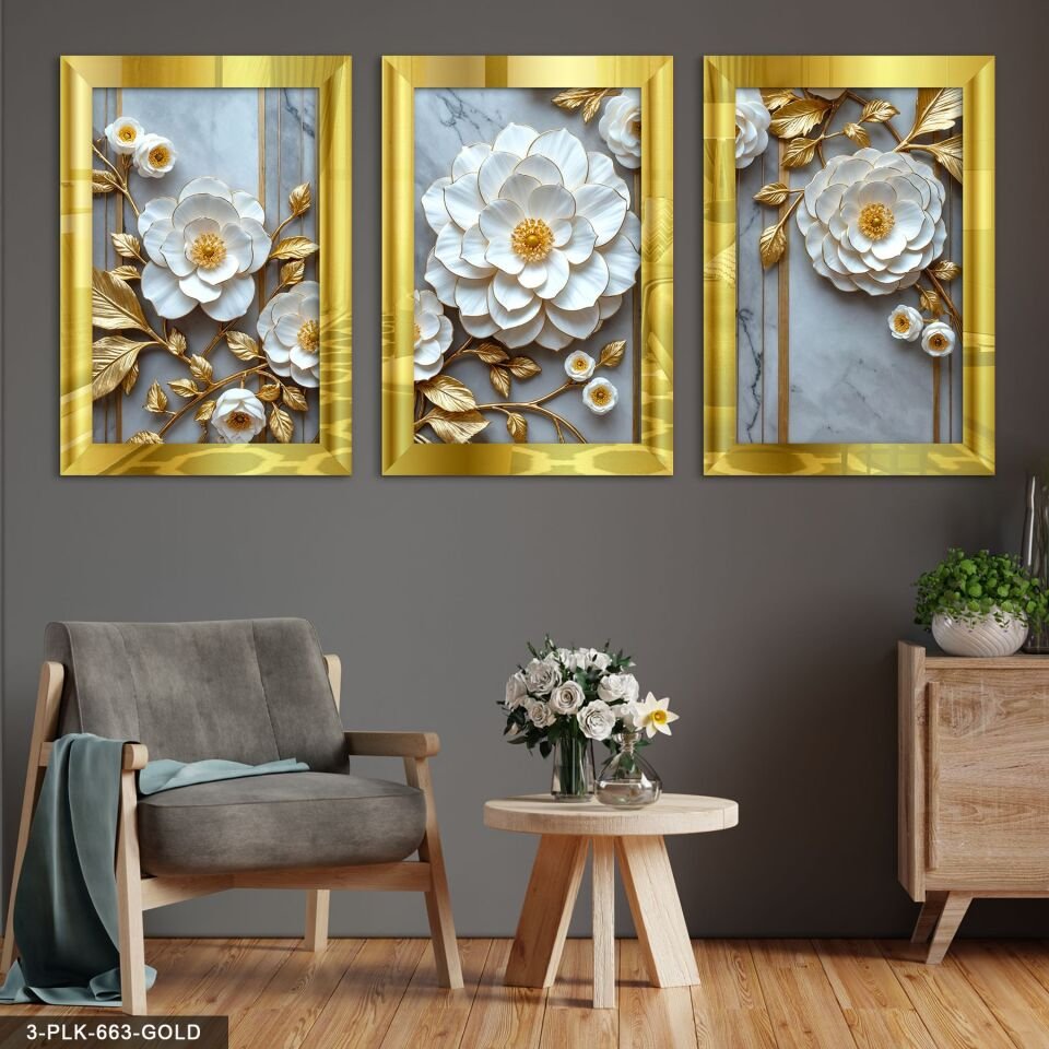 Beyaz Çiçek 3 Parça Pleksi Aynalı Tablo 20 x 30 CM - Gold
