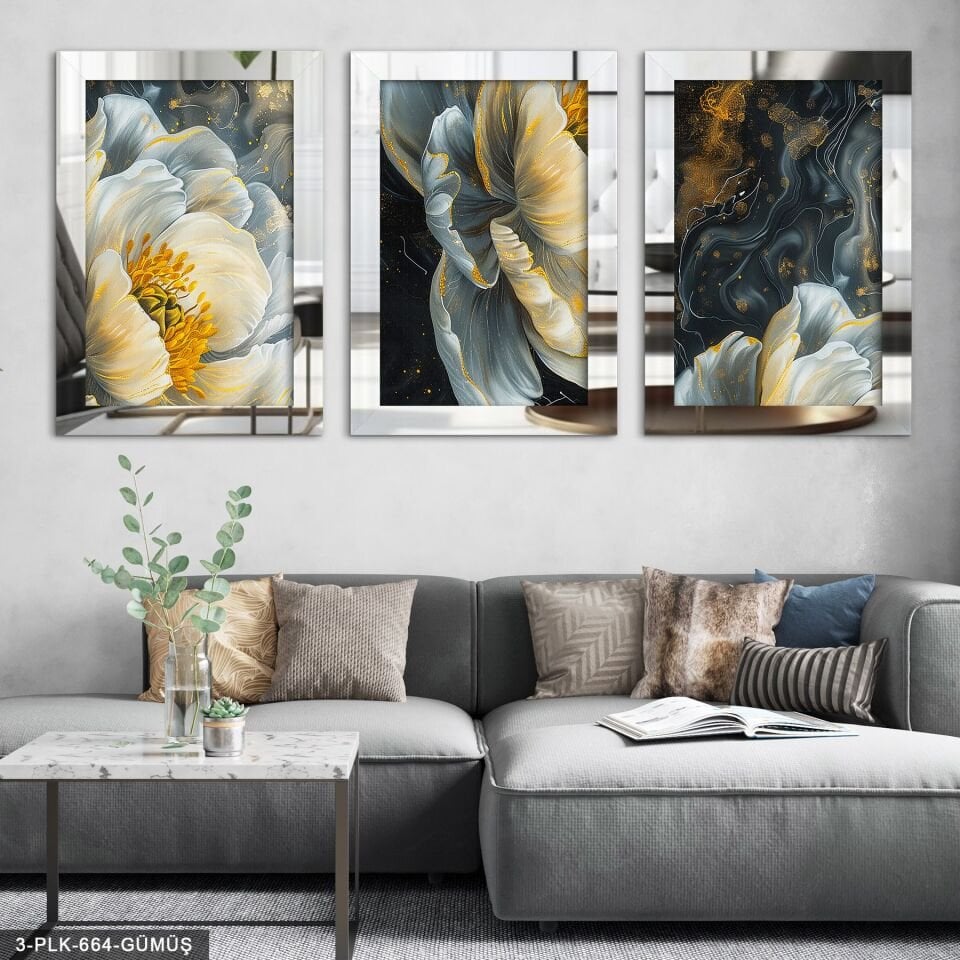 Beyaz Çiçek 3 Parça Pleksi Aynalı Tablo 20 x 30 CM - Gümüş