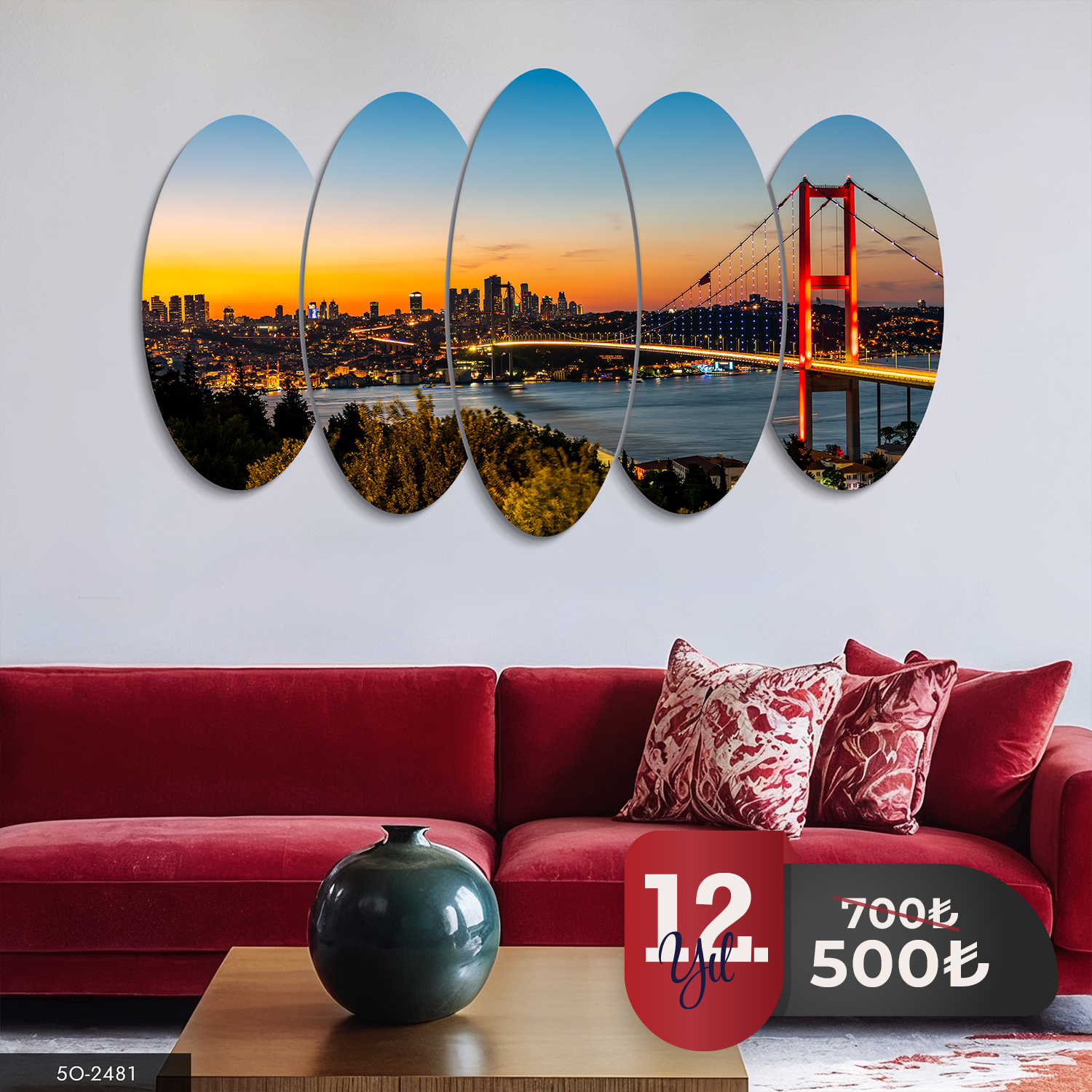 Köprü ve Günbatımı 5 Parça Mdf Tablo 60x100 CM