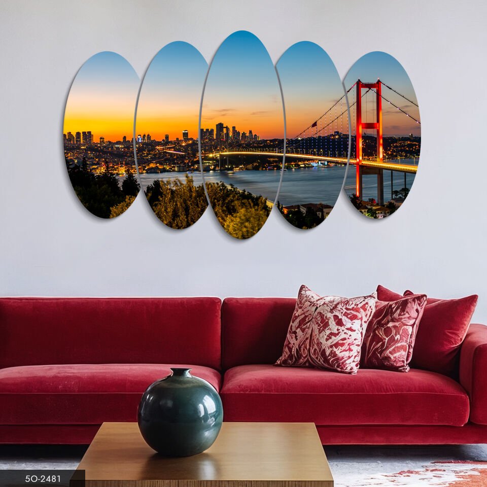 Köprü ve Günbatımı 5 Parça Mdf Tablo 60x100 CM