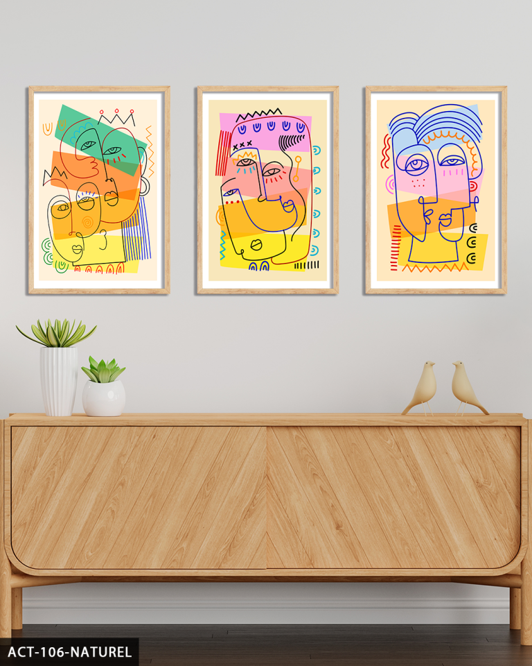 Şekilli Portreler 3 Parça Ahşap Çerçeveli Tablo ACT Naturel - 40 x 60 CM