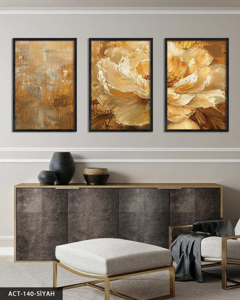 Gold Çiçek ve Yapraklar 3 Parça Ahşap Çerçeveli Tablo ACT Siyah - 50 x 70 CM