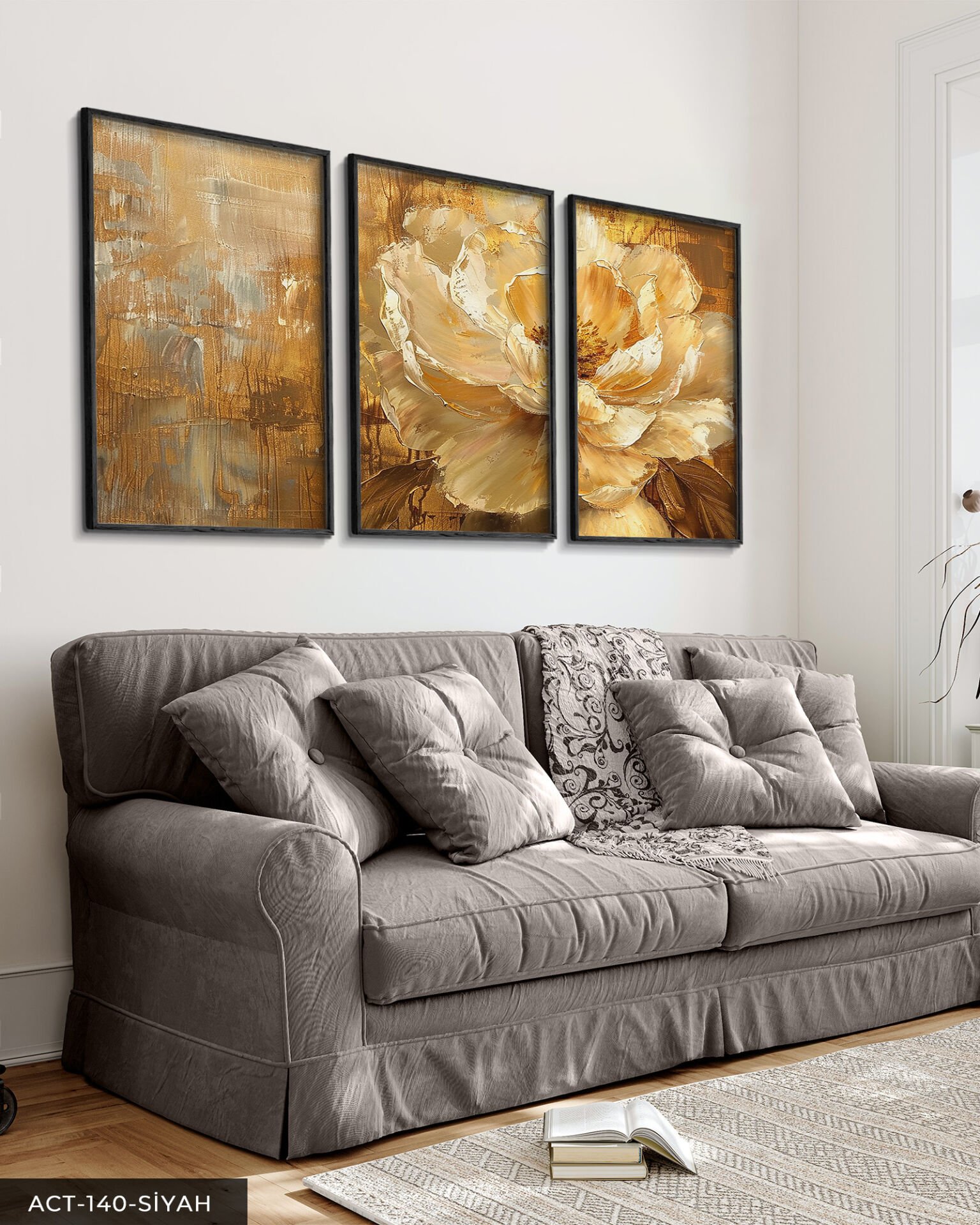 Gold Çiçek ve Yapraklar 3 Parça Ahşap Çerçeveli Tablo ACT Siyah - 50 x 70 CM