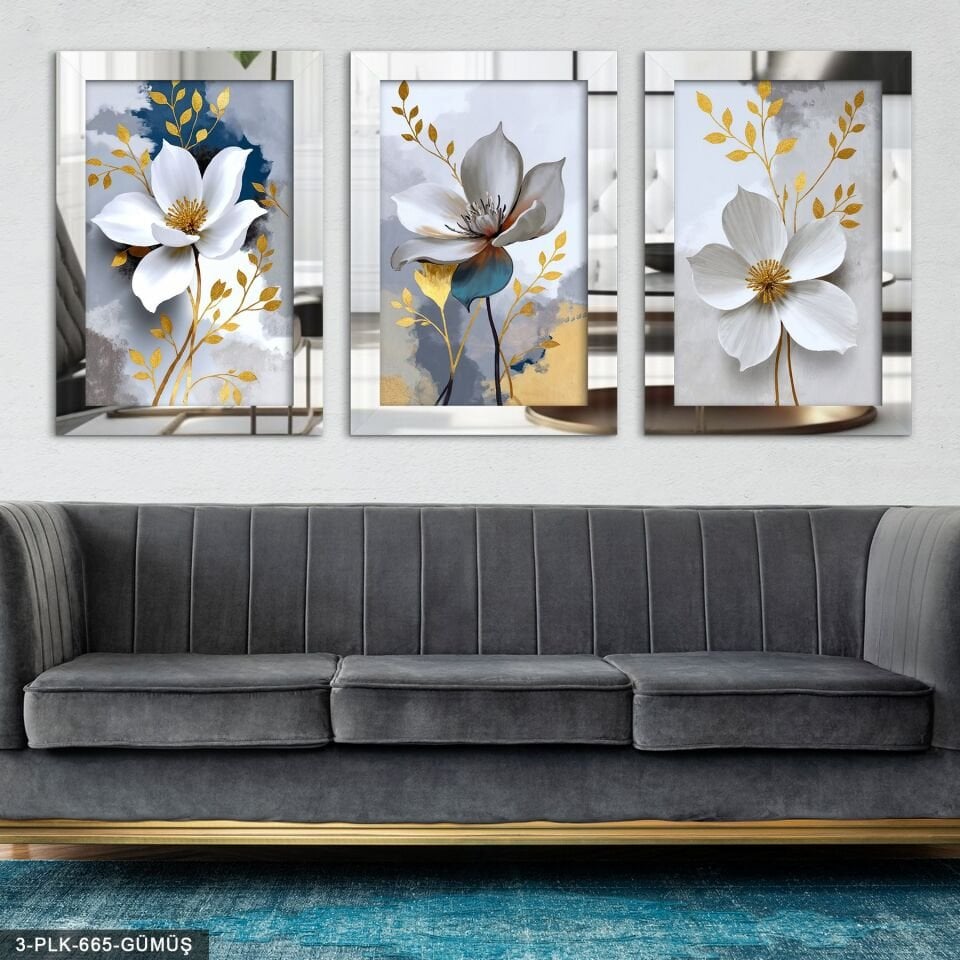Gold Detay Çiçek 3 Parça Pleksi Aynalı Tablo 20 x 30 CM - Gümüş