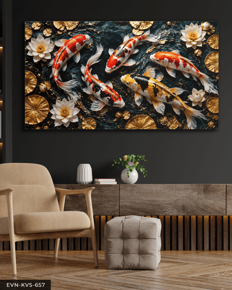 Dokulu Görünüm Japon Balıkları ve Lotus Tek Parça Kanvas - Canvas Tablo