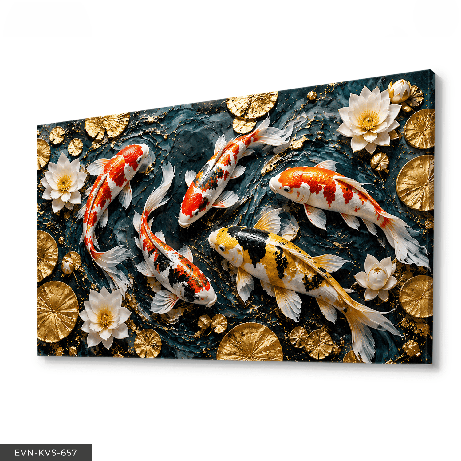 Dokulu Görünüm Japon Balıkları ve Lotus Tek Parça Kanvas - Canvas Tablo