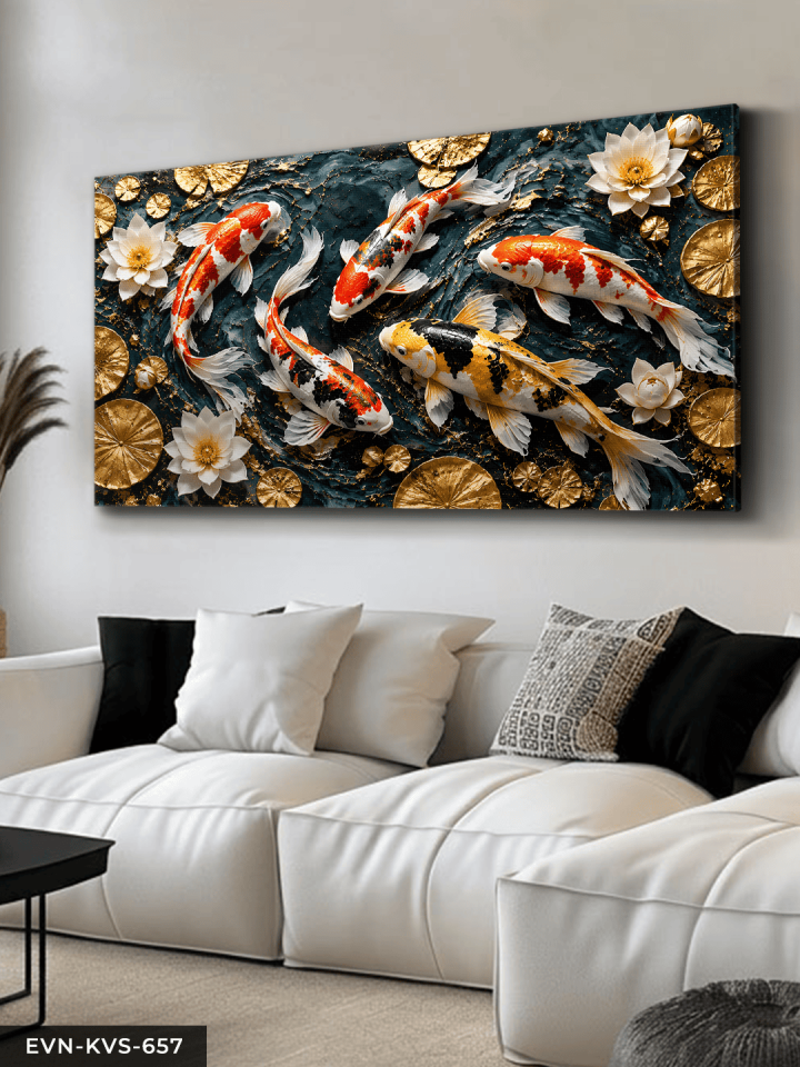 Dokulu Görünüm Japon Balıkları ve Lotus Tek Parça Kanvas - Canvas Tablo
