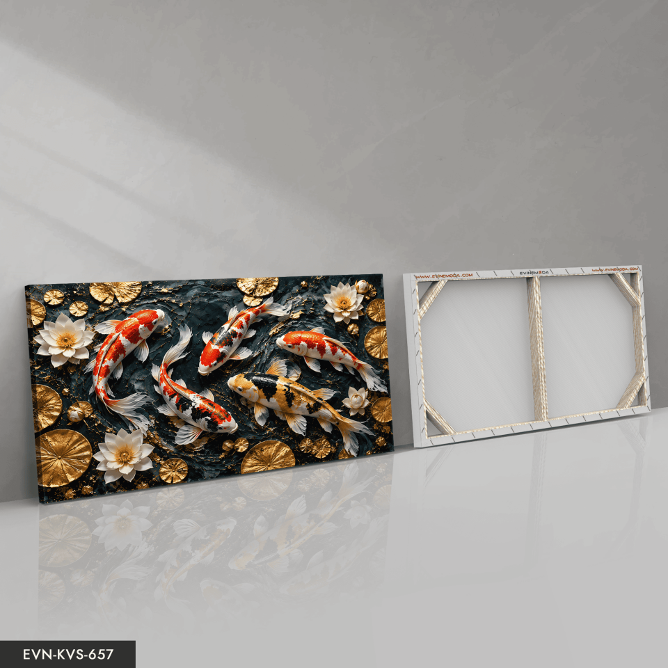 Dokulu Görünüm Japon Balıkları ve Lotus Tek Parça Kanvas - Canvas Tablo