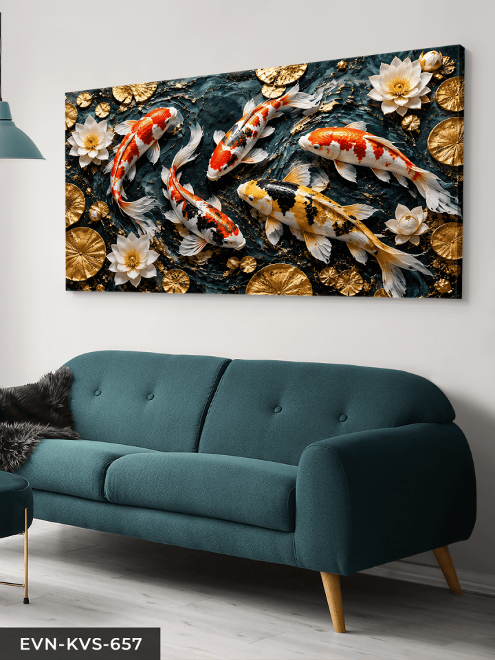 Dokulu Görünüm Japon Balıkları ve Lotus Tek Parça Kanvas - Canvas Tablo