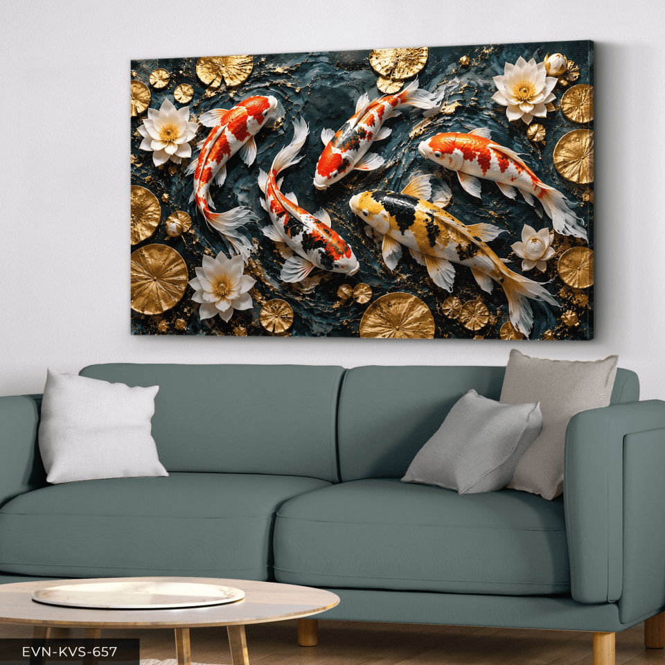 Dokulu Görünüm Japon Balıkları ve Lotus Tek Parça Kanvas - Canvas Tablo