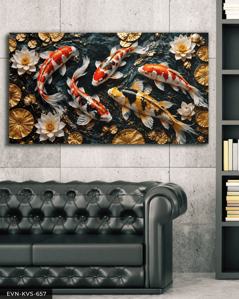 Dokulu Görünüm Japon Balıkları ve Lotus Tek Parça Kanvas - Canvas Tablo