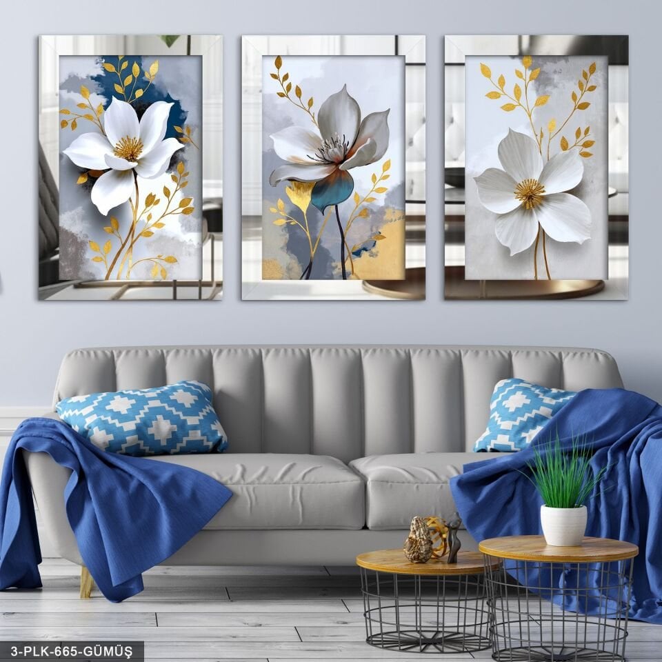 Gold Yapraklı Beyaz Çiçek 3 Parça Pleksi Aynalı Tablo 20 x 30 CM - Gümüş