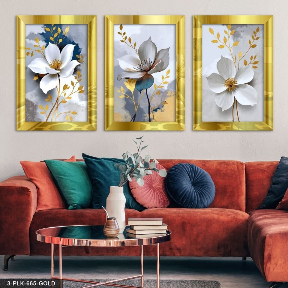 Gold Yapraklı Beyaz Çiçek 3 Parça Pleksi Aynalı Tablo 20 x 30 CM - Gold