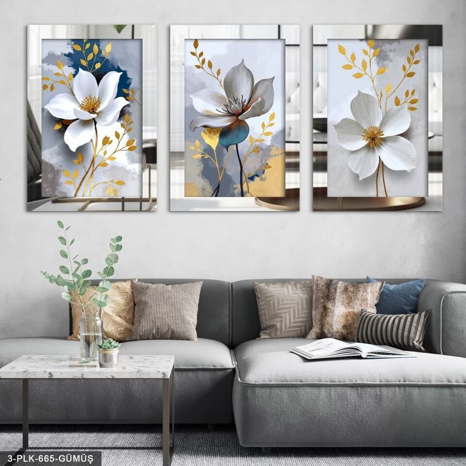 Gold Yapraklı Beyaz Çiçek 3 Parça Pleksi Aynalı Tablo 20 x 30 CM - Gümüş