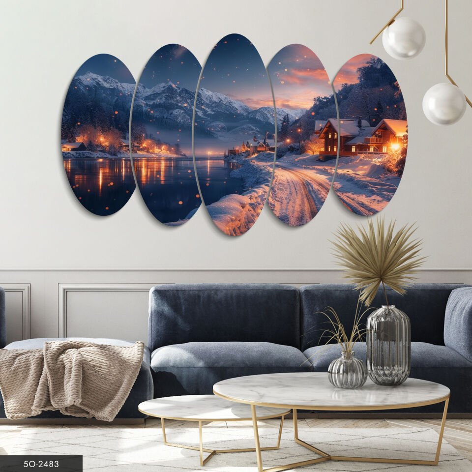 Işıltılı Kış Köyü 5 Parça Mdf Tablo 60x100 CM