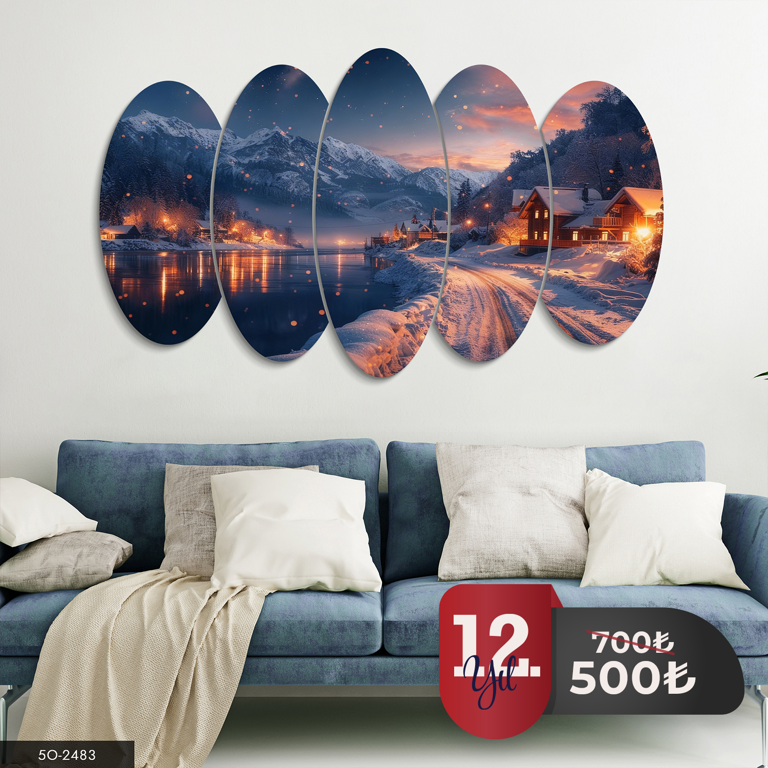 Işıltılı Kış Köyü 5 Parça Mdf Tablo 60x100 CM