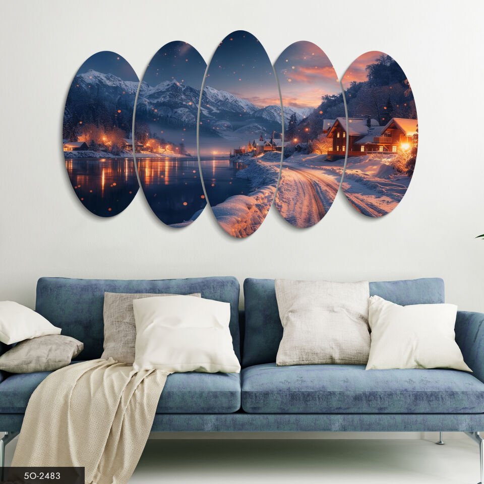 Işıltılı Kış Köyü 5 Parça Mdf Tablo 60x100 CM