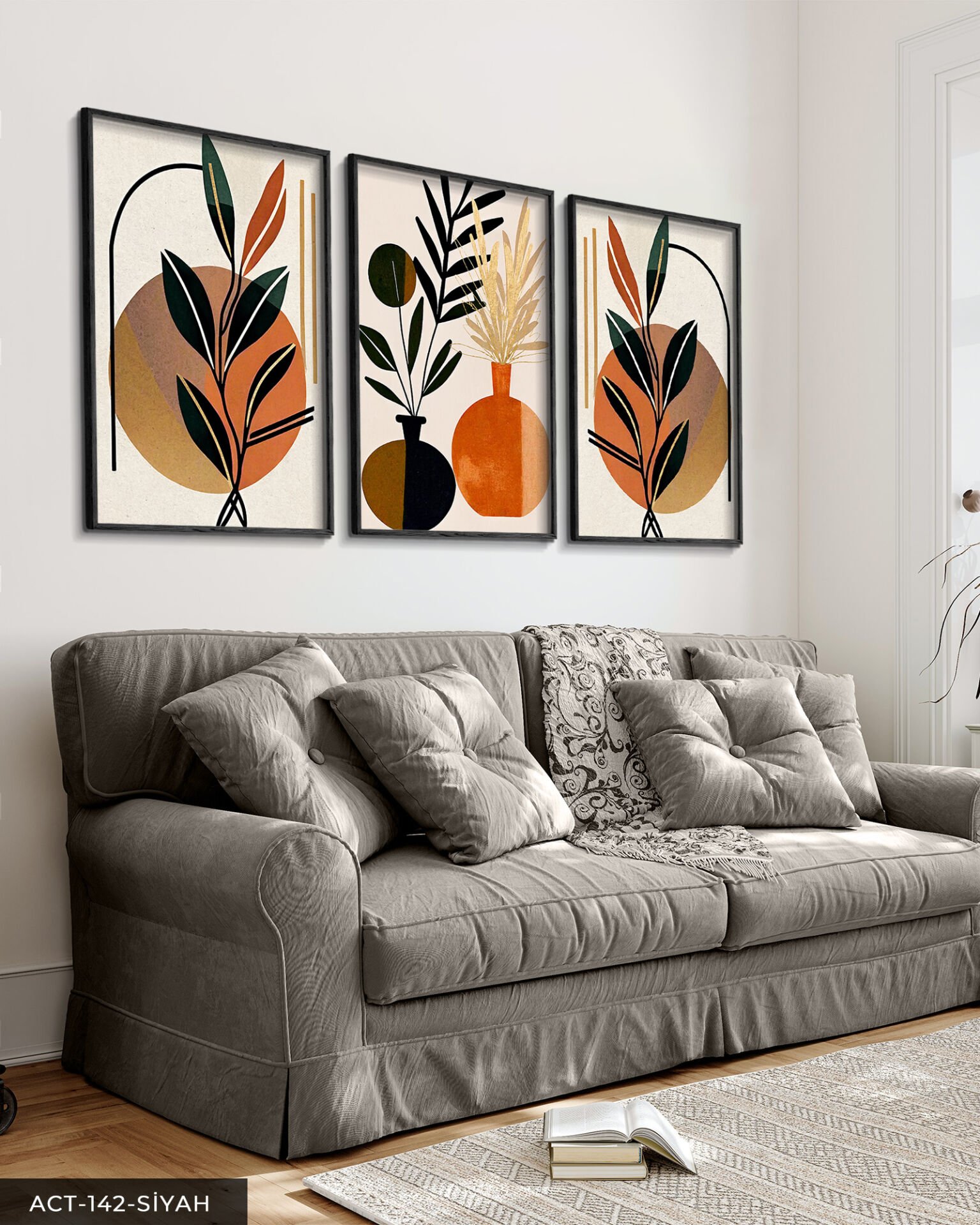 Boho Tarzında Vazoda Yapraklar 3 Parça Ahşap Çerçeveli Tablo ACT Siyah - 50 x 70 CM