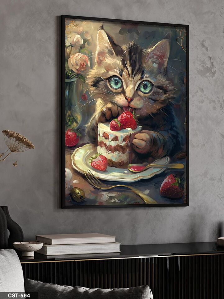 Pasta Yiyen Kedi Tek Parça Ahşap Çerçeveli Tablo Siyah - 50 x 70 CM