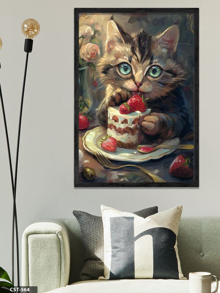 Pasta Yiyen Kedi Tek Parça Ahşap Çerçeveli Tablo Siyah - 50 x 70 CM