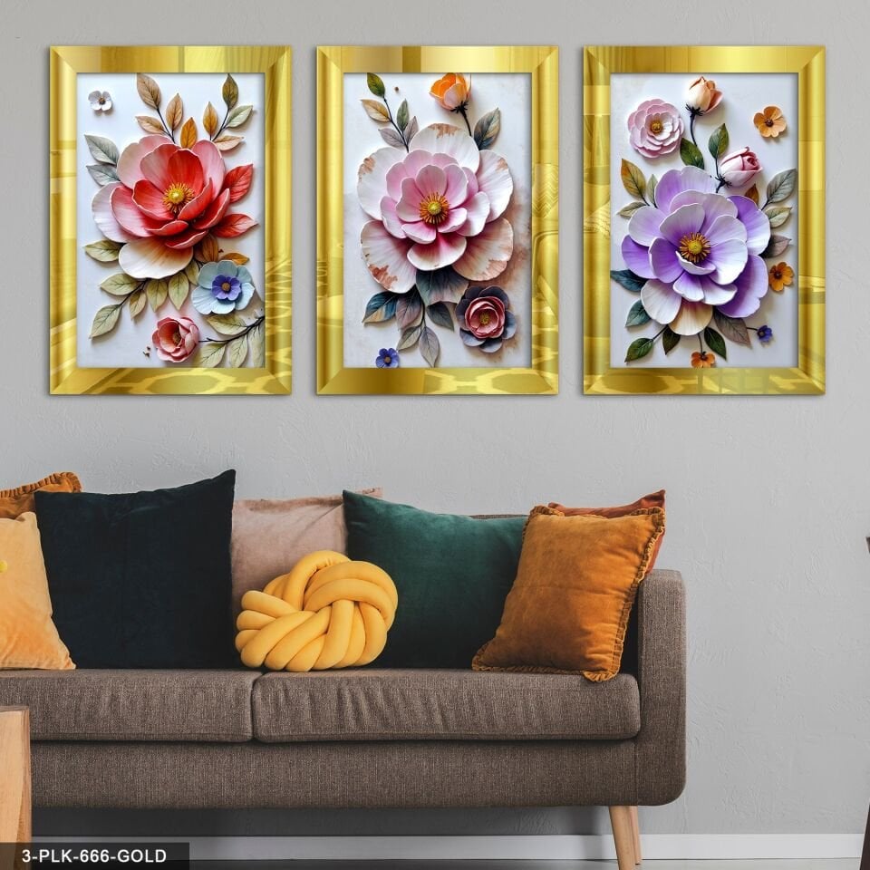 Renkli Çiçekler 3 Parça Pleksi Aynalı Tablo 20 x 30 CM - Gold