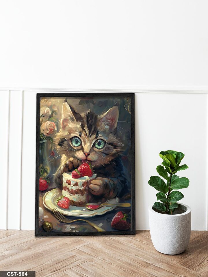 Pasta Yiyen Kedi Tek Parça Ahşap Çerçeveli Tablo Siyah - 50 x 70 CM