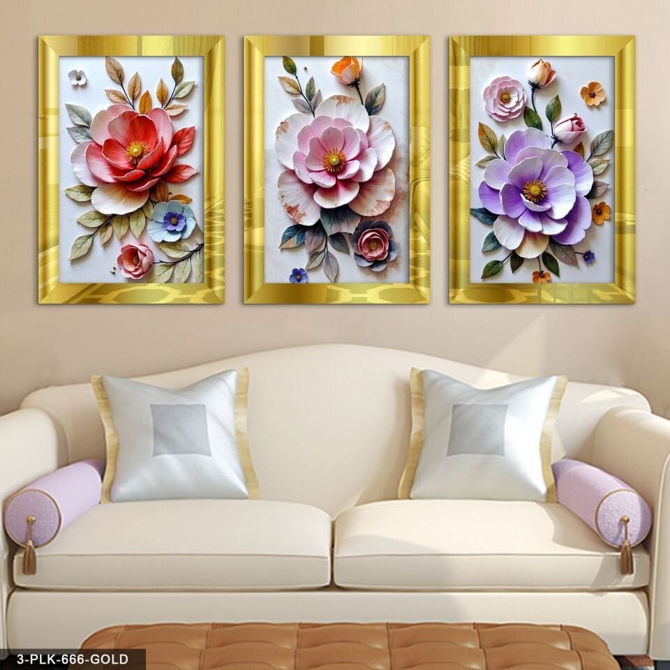 Renkli Çiçekler 3 Parça Pleksi Aynalı Tablo 20 x 30 CM - Gold