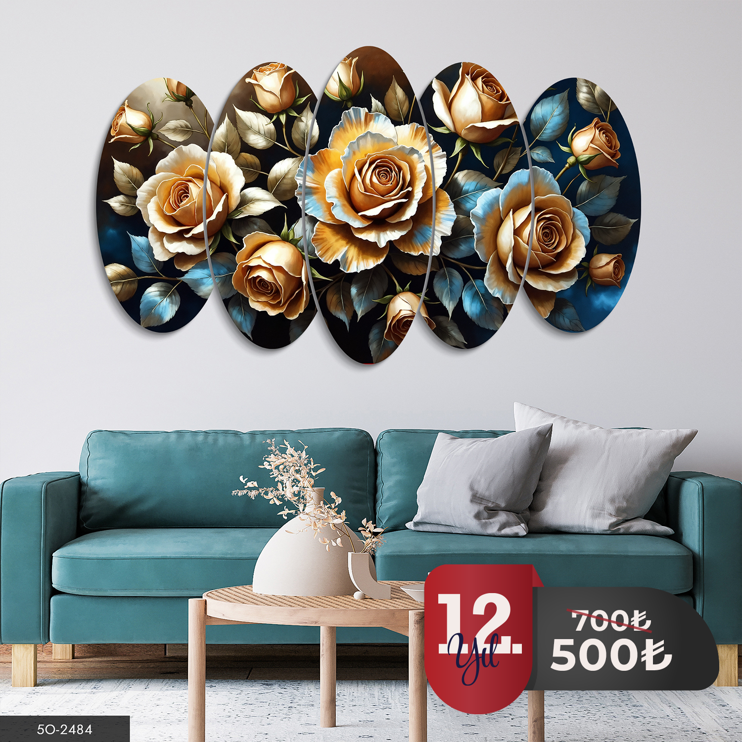 Dokulu Görünüm Güller 5 Parça Mdf Tablo 60x100 CM