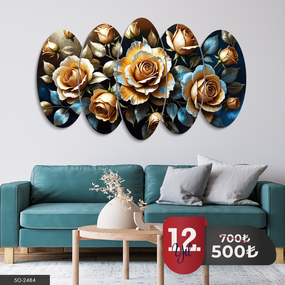 Dokulu Görünüm Güller 5 Parça Mdf Tablo 60x100 CM